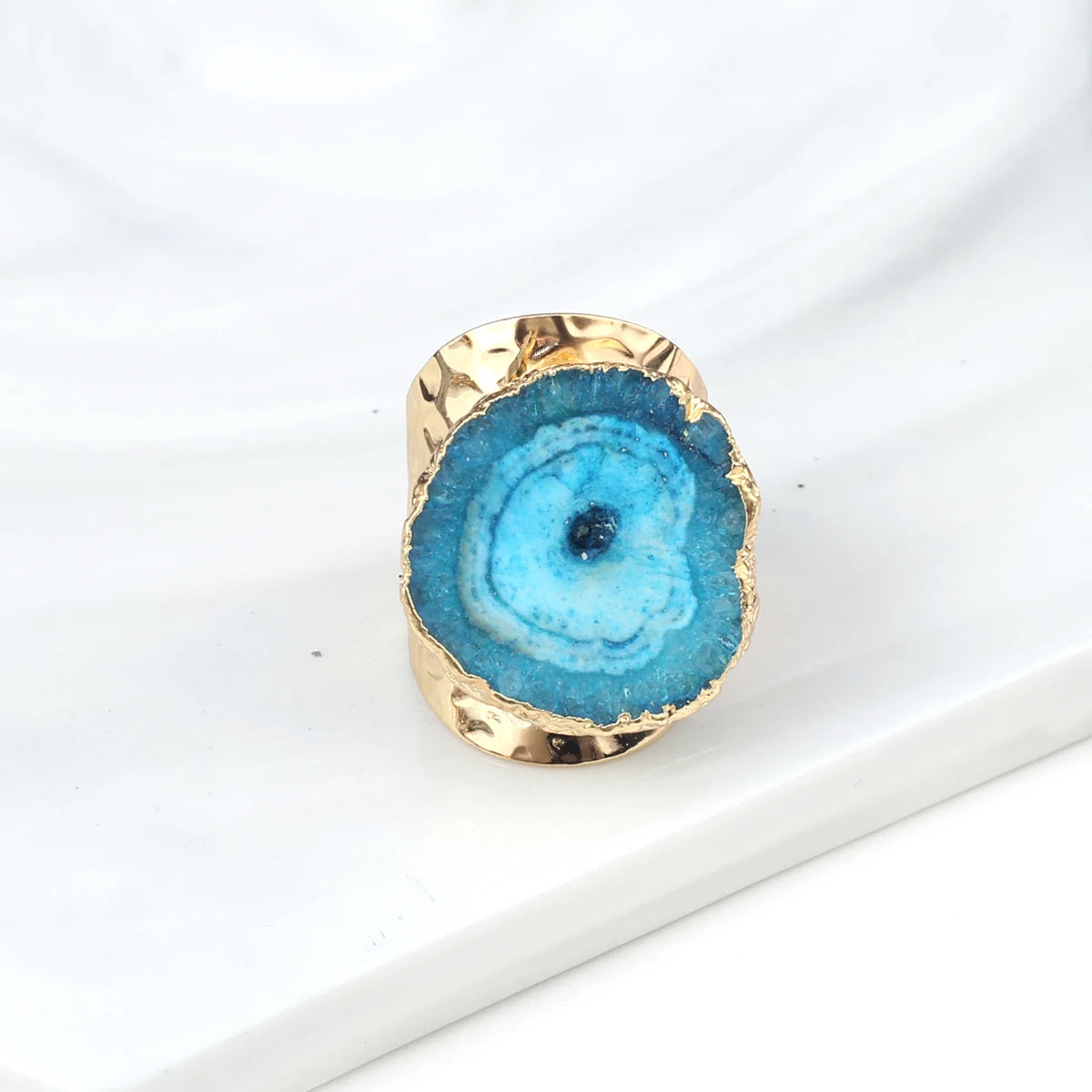 Boho Natural Agate Stone Sunflower Wide Open Ring – Gold Plated Adjustable in 6 Colors