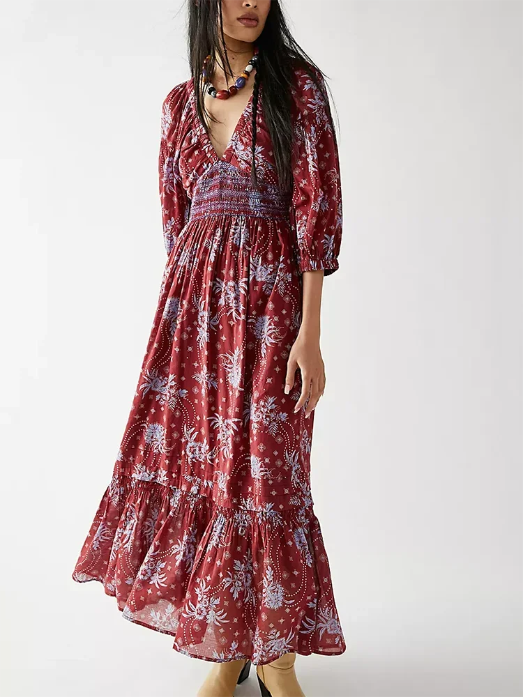 Floral Boho Midi Dress | V-Neck Puff Sleeve Hollow-Out