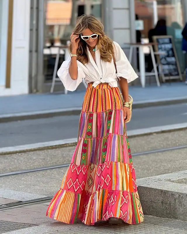 Boho Print A-Line Maxi Skirt | Elastic Waist Ruffle Hem Beach Skirt