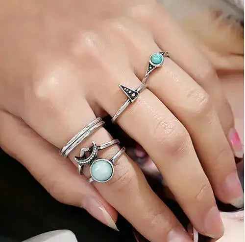Boho 6-Piece Geometric Stone Resin Ring Set – Minimalist Retro Stackable Rings