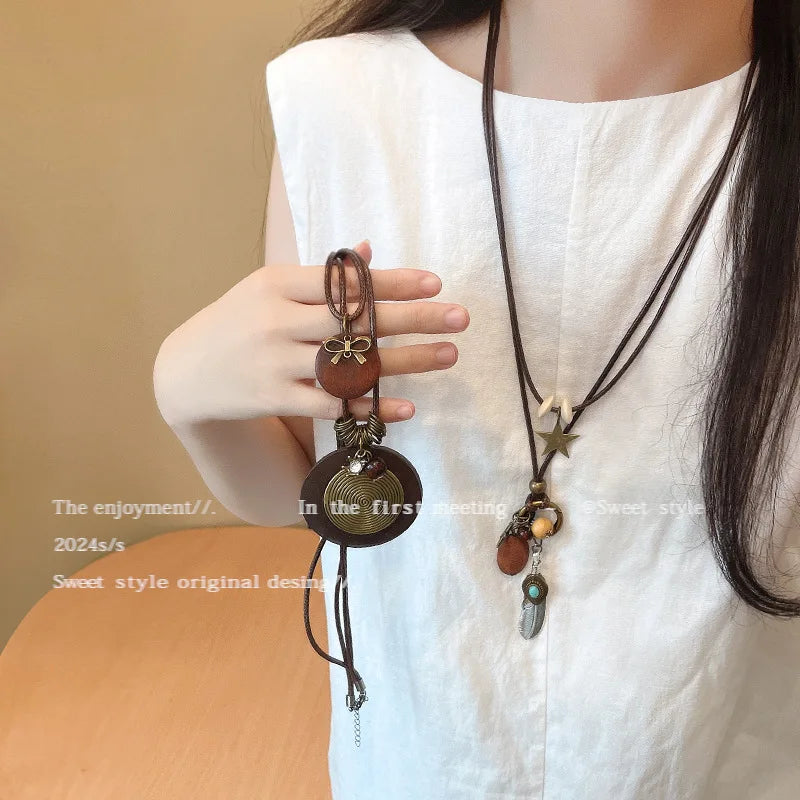 Vintage Boho Handmade Leaf Pendant Layered Long Necklace – Antique Collar Chain