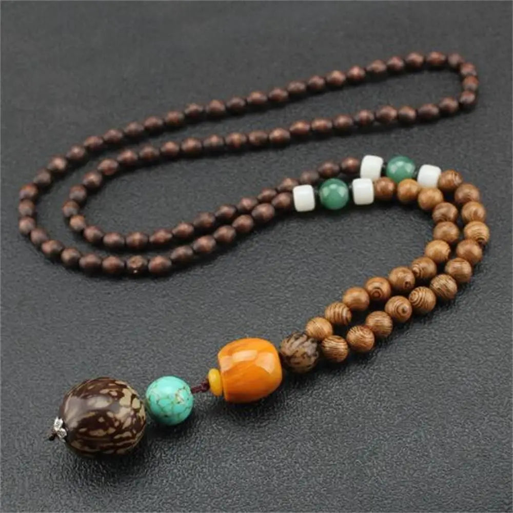 Boho Handmade Nepal Buddhist Mala Wood Bead Long Pendant Necklace – Unisex Ethnic Jewelry