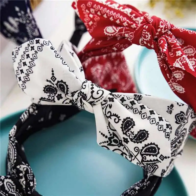 Boho Bow Print Wide Headband – Vintage Silk Cross-Knot Hair Hoop