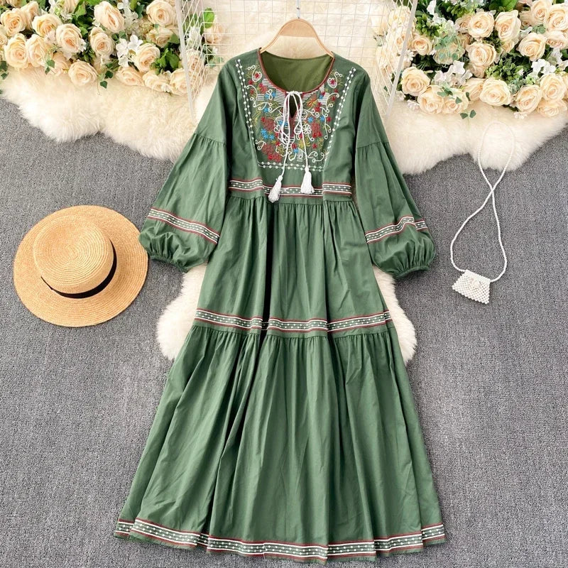 Embroidered Lantern Sleeve Boho Midi Dress | Lace-Up A-Line