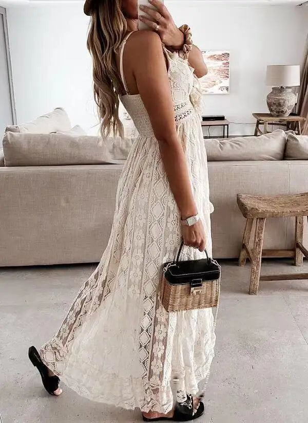 Boho Lace Embroidery Maxi Dress | Long Sleeve Beach Tunic