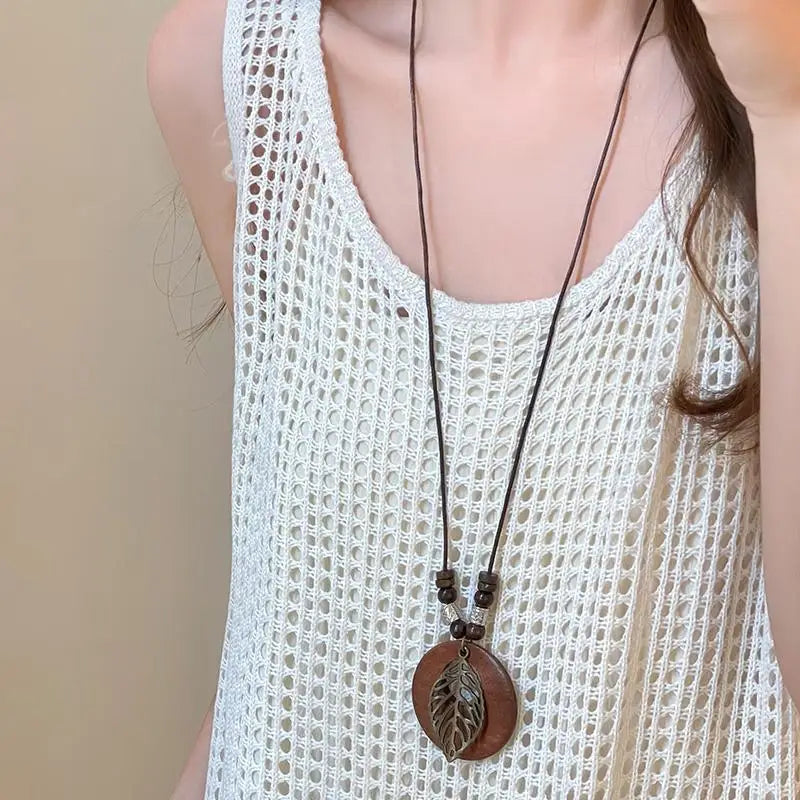 Boho Wooden Beaded Long Pendant Sweater Chain Necklace – Handmade Ethnic Style