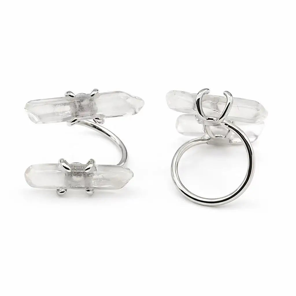 Boho Natural Clear Quartz Raw Crystal Open Ring – Healing Energy Stone Ring