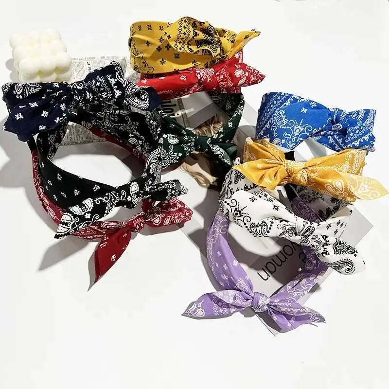 Boho Bow Print Wide Headband – Vintage Silk Cross-Knot Hair Hoop
