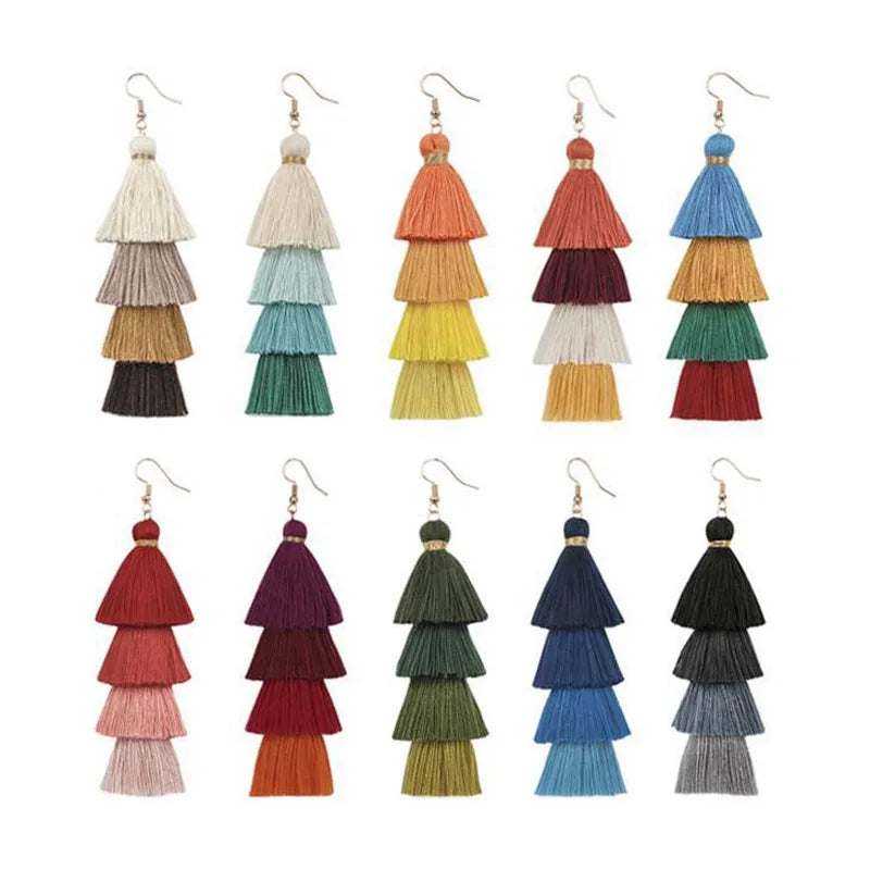 Boho 4-Layer Tassel Fringe Dangle Earrings – Ethnic Long Statement Drop Earrings