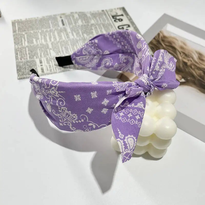 Boho Bow Print Wide Headband – Vintage Silk Cross-Knot Hair Hoop