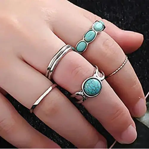 Boho 6-Piece Geometric Stone Resin Ring Set – Minimalist Retro Stackable Rings
