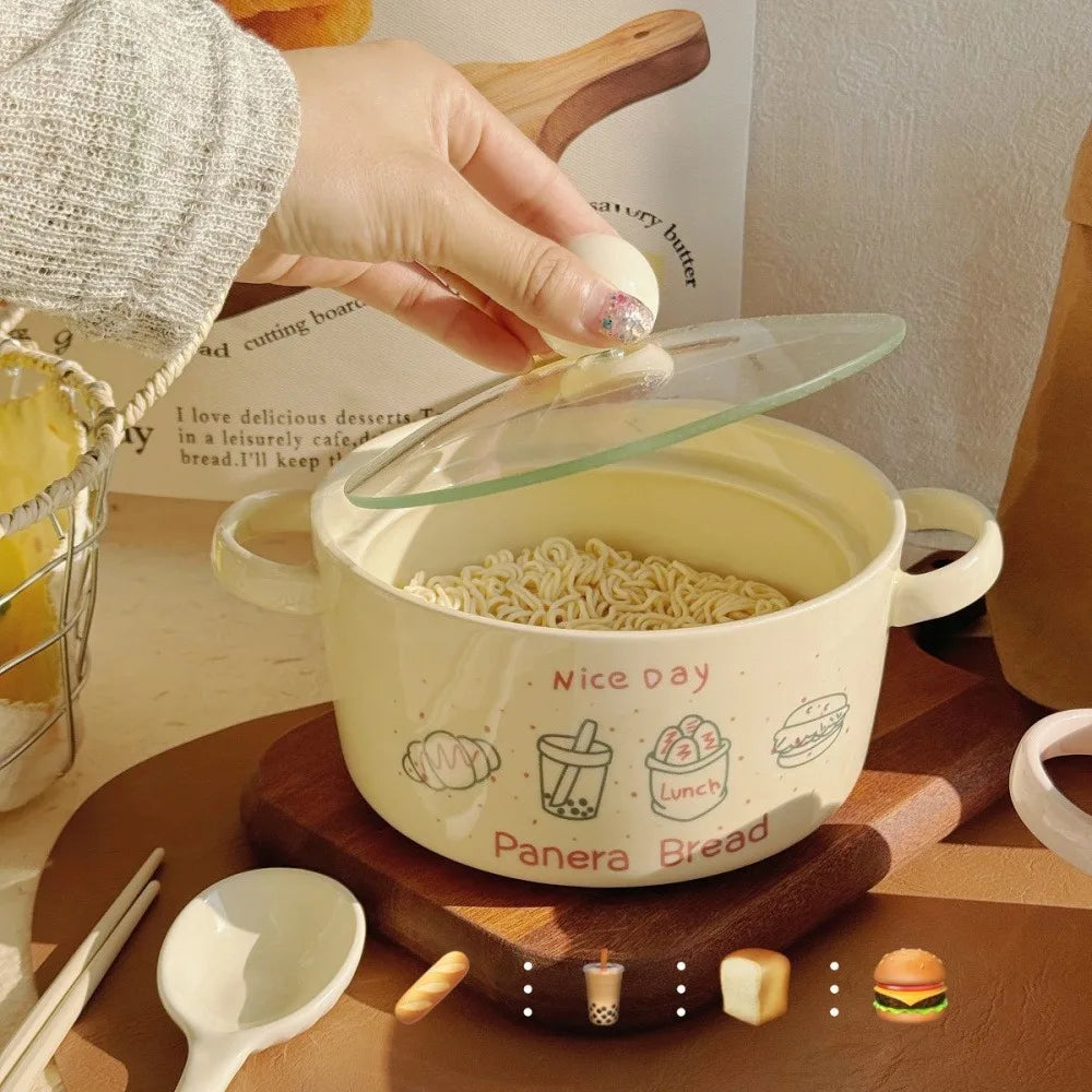 Kawaii Ceramic Ramen Bowl Set | Japanese-Style Bowl with Spoon & Chopsticks